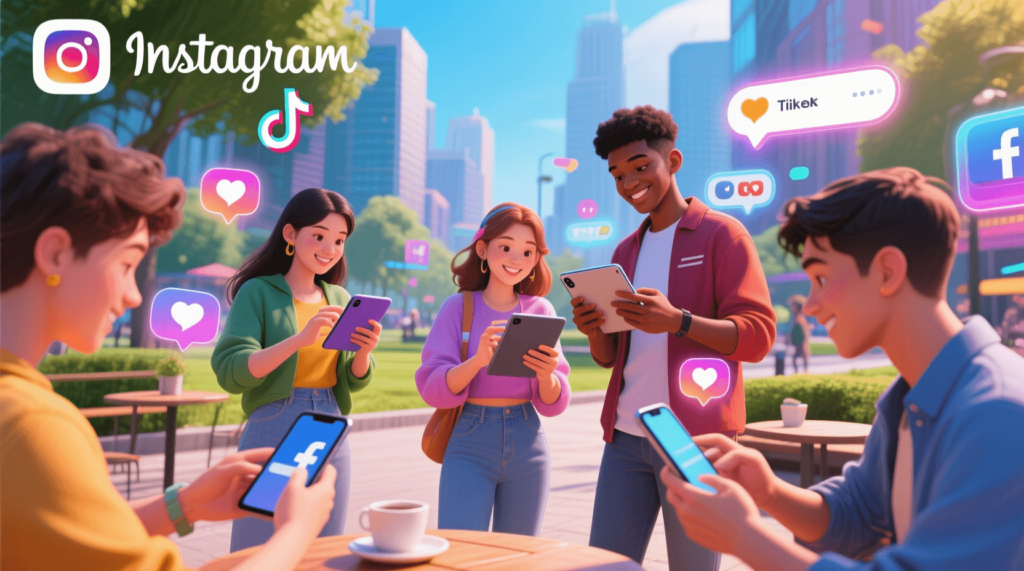 Animated youth engaging with social media apps in an urban setting, representing paid marketing strategies for online courses