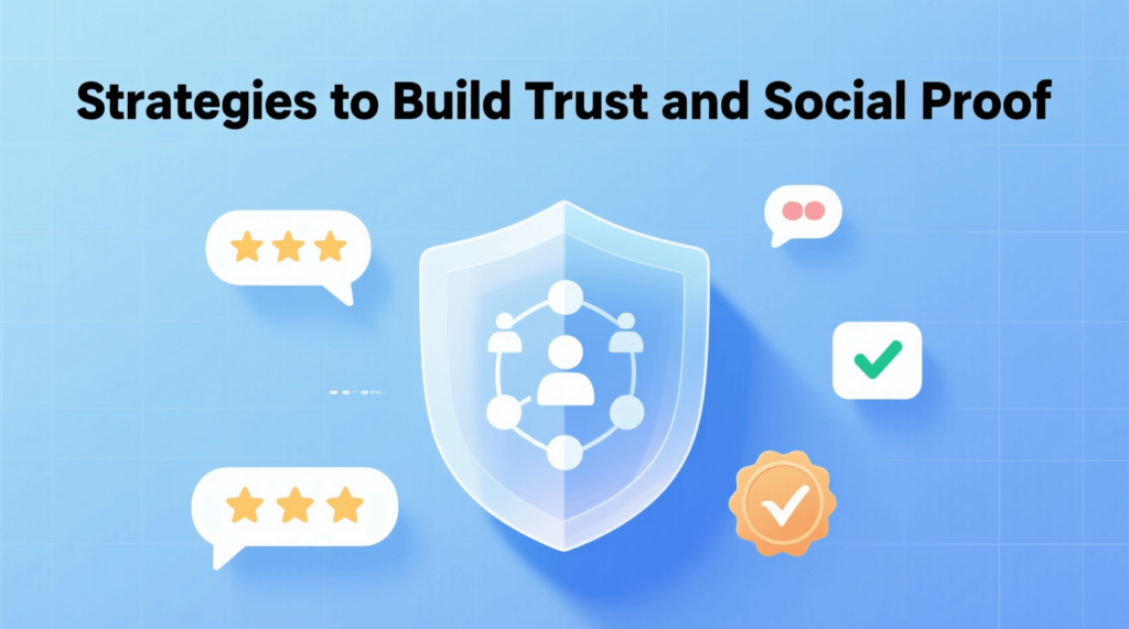 Digital illustration titled 'Strategies to Build Trust and Social Proof' featuring shield icon and user feedback symbols