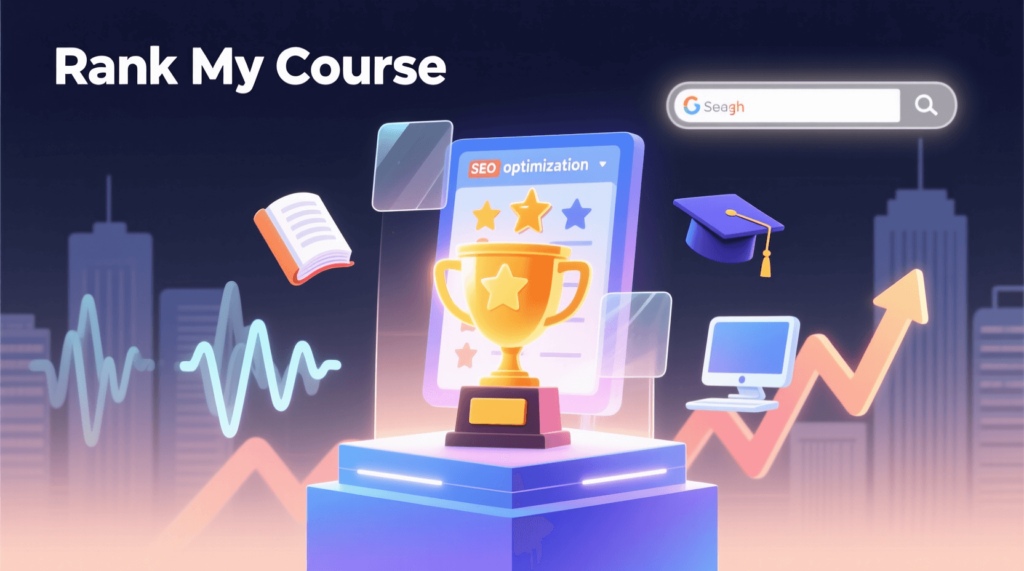 RankMyCourse SEO optimization for e-learning – trophy, tablet, and education icons