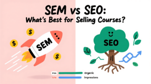 Visual comparison of SEM vs SEO strategies for selling online courses, featuring a rocket symbolizing paid search marketing and a tree representing organic search growth.