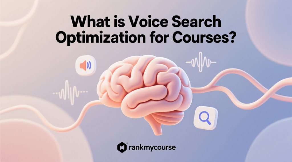 Voice search optimization for online courses – RankMyCourse visual with brain and icons
