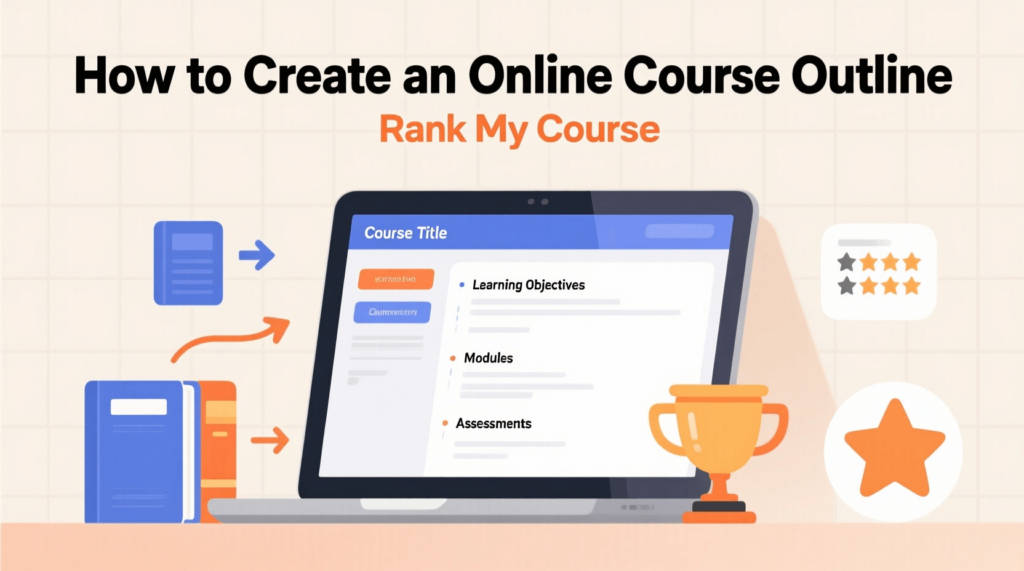 Online course outline on laptop – RankMyCourse branding with education icons